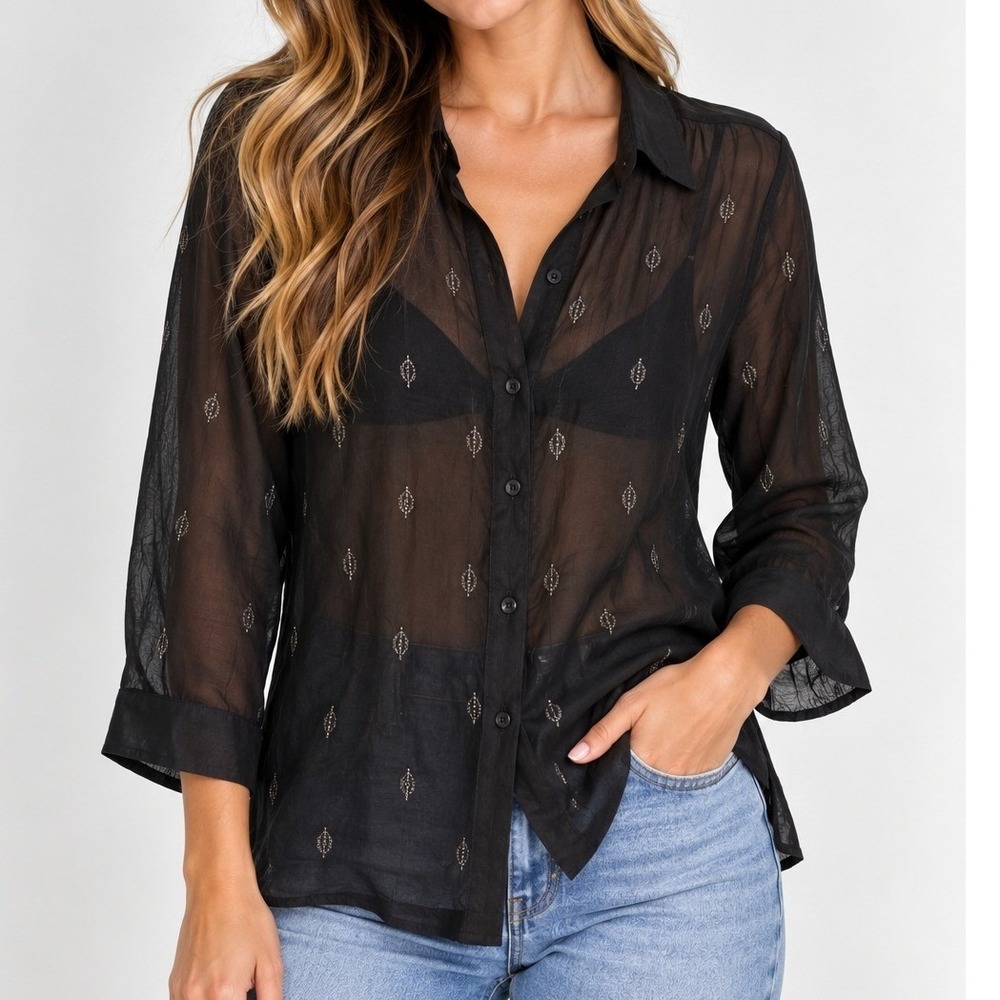 ZOZO Sheer Embroidered Button Blouse Quiet Luxury Preppy Dark Academia Old Money